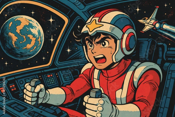 Obraz Manga-style illustrations of young astronauts exploring outer space, planets, and galaxies in colorful, retro-futuristic scenes full of adventure, action, and imagination