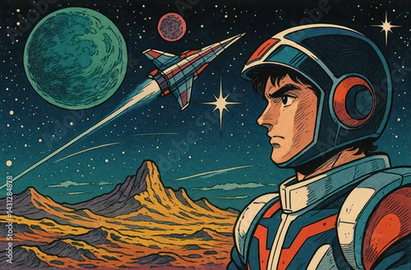 Obraz Manga-style illustrations of young astronauts exploring outer space, planets, and galaxies in colorful, retro-futuristic scenes full of adventure, action, and imagination