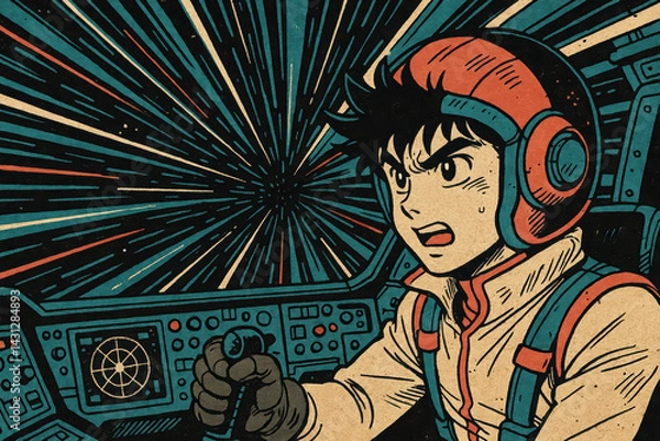 Obraz Manga-style illustrations of young astronauts exploring outer space, planets, and galaxies in colorful, retro-futuristic scenes full of adventure, action, and imagination