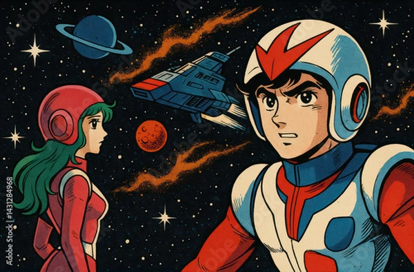 Obraz Manga-style illustrations of young astronauts exploring outer space, planets, and galaxies in colorful, retro-futuristic scenes full of adventure, action, and imagination
