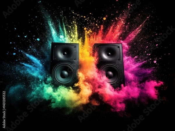 Fototapeta Vibrant audio experience two speakers surrounded by colorful powder explosion on a black background