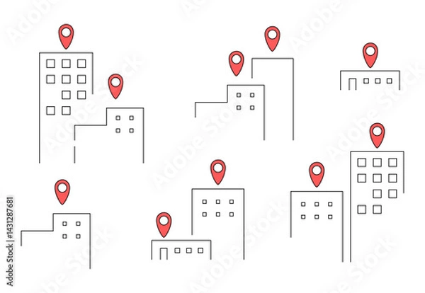 Fototapeta Urban landscape with multiple building markers indicating locations