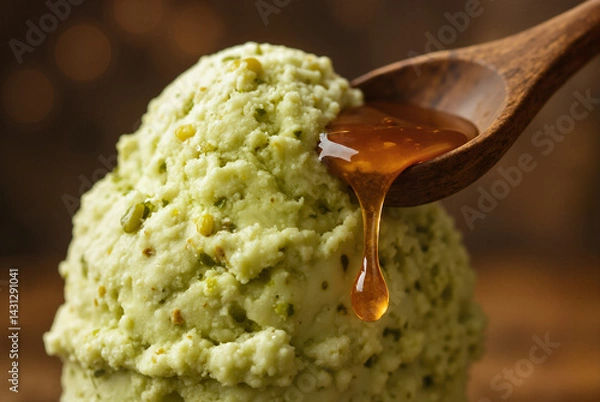 Obraz Macro shot of a scoop of artisanal pistachio ice cream  drizzled with a liquid honey by rustic wooden spoon, with a focus on the texture of the ice creamand the slowly dripping honey droplet