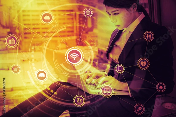 Fototapeta Internet of Things concept. Wireless Communication Network. Information Communication Technology. abstract image visual.