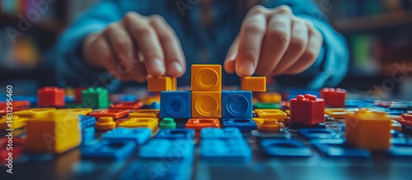 Fototapeta Child constructing colorful plastic blocks.