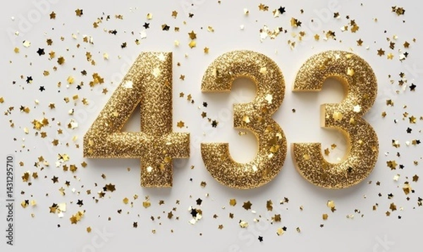 Fototapeta Golden Glitter Numbers Surrounded by Stars and Confetti on White Background