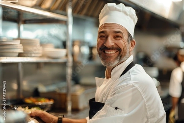 Fototapeta Portrait of smiling American chef in restaurant kitchen