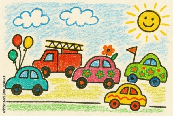 Obraz Child's colorful drawing of cars in a cheerful parade setting  