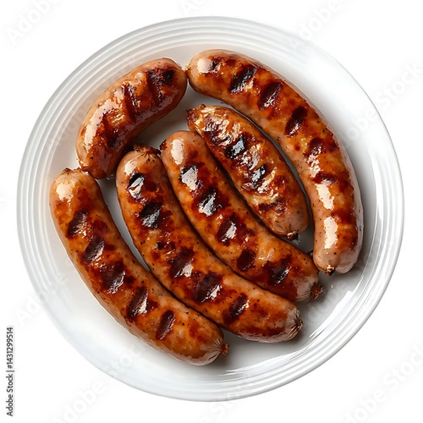Fototapeta Grilled sausages on white plate isolated on transparent white background,in PNG format.  
