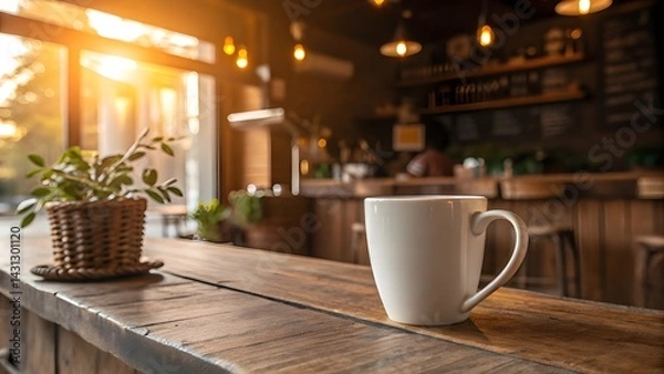 Obraz white coffee mug mockup on a rustic wooden table with a blurred cafe background