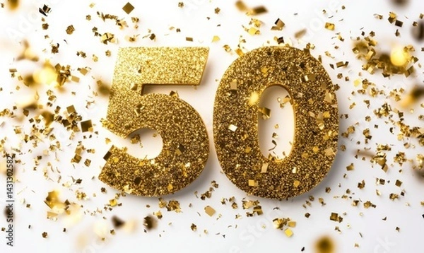 Fototapeta Golden Fifty Celebration with Confetti and Sparkling Numbers