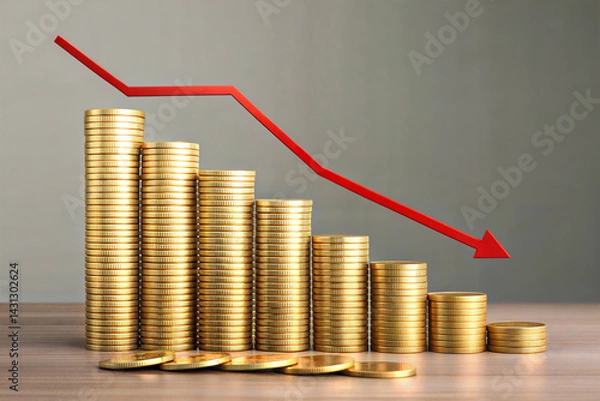 Fototapeta A series of gold coin stacks arranged in a downward sloping graph, visually representing a decline in financial value.