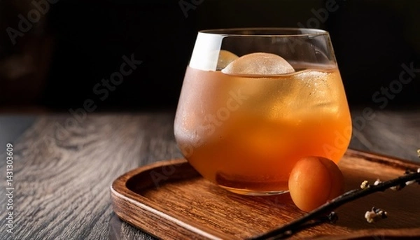 Fototapeta umeshu sour cocktail in a rounded glass with ice placed on a small wooden tray