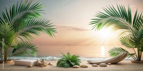 Fototapeta Serene Coastal Display Featuring Palm Fronds, Smooth Stones, and a Minimalist Platform at Sunset