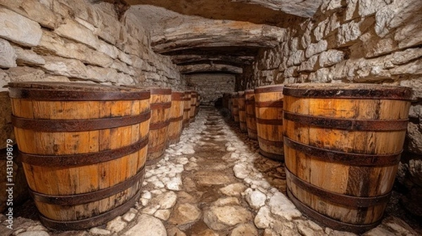 Fototapeta Old wooden barrels in a stone cellar.
