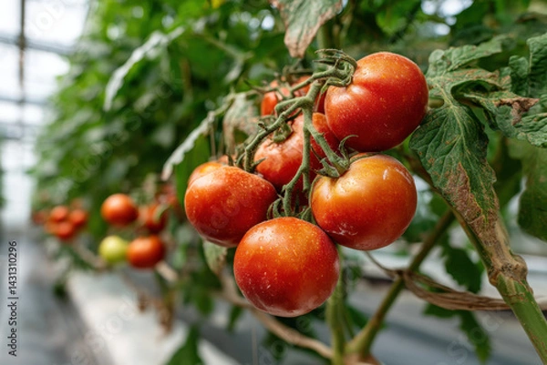 Fototapeta Tomatoes growing in a greenhouse, basking in sunlight with lush green leaves and vibrant red fruits. A scene of thriving plant life in a controlled environment.