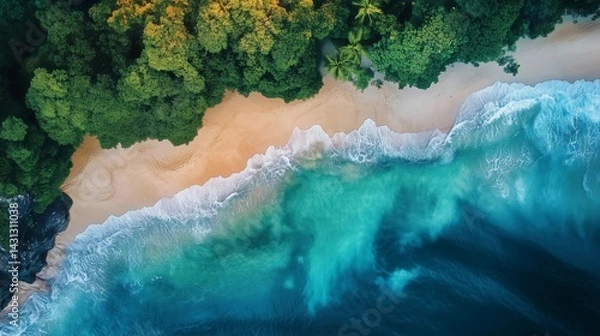 Fototapeta A beautiful blue ocean with a sandy beach and trees in the background. The water is calm and the sky is clear