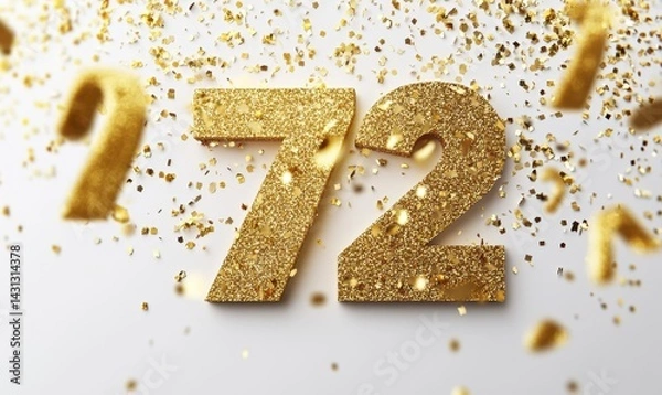 Fototapeta Golden Glittering Number 72 with Confetti on White Background