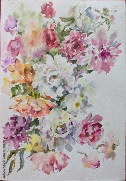 Obraz Abstract bright colored decorative background . Floral pattern handmade . Beautiful tender romantic bouquet of rose flowers , made in the technique of watercolors from nature.