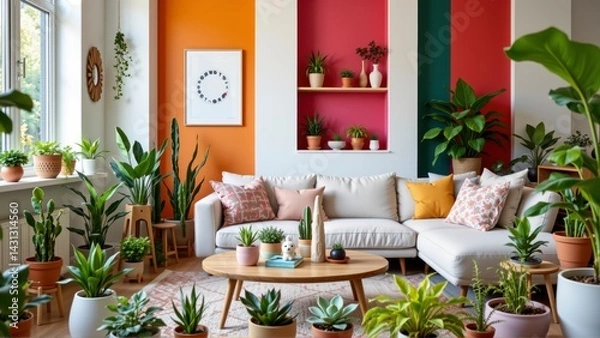 Fototapeta Cozy indoor living space with vibrant accent walls and a variety of lush green plants