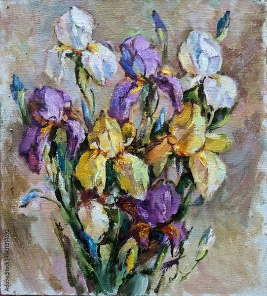 Obraz Abstract bright colored decorative background . Floral pattern handmade . Beautiful tender romantic bouquet of iris flowers , made in oil painting technique   from nature..