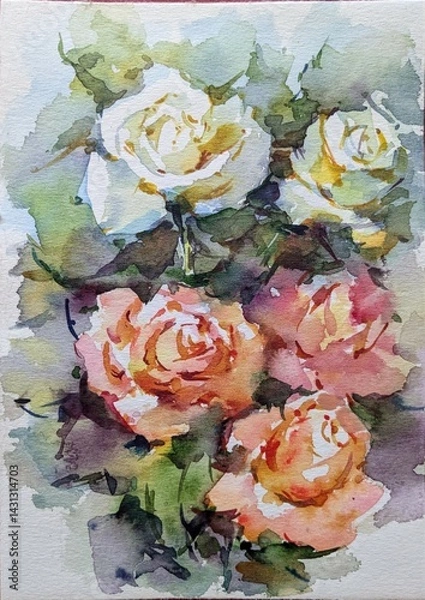 Obraz Abstract bright colored decorative background . Floral pattern handmade . Beautiful tender romantic bouquet of rose flowers , made in the technique of watercolors from nature.
