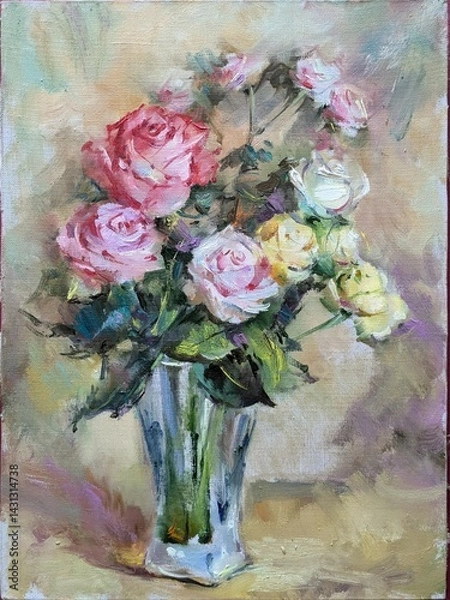 Obraz Abstract bright colored decorative background . Floral pattern handmade . Beautiful tender romantic bouquet of rose flowers , made in oil painting technique   from nature.