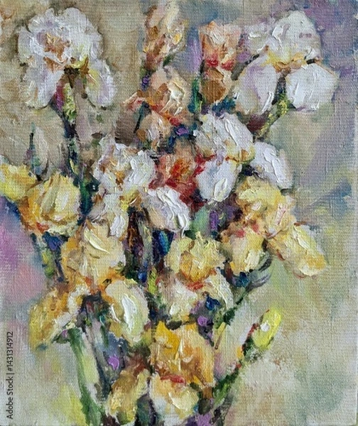 Obraz Abstract bright colored decorative background . Floral pattern handmade . Beautiful tender romantic bouquet of iris flowers , made in oil painting technique   from nature