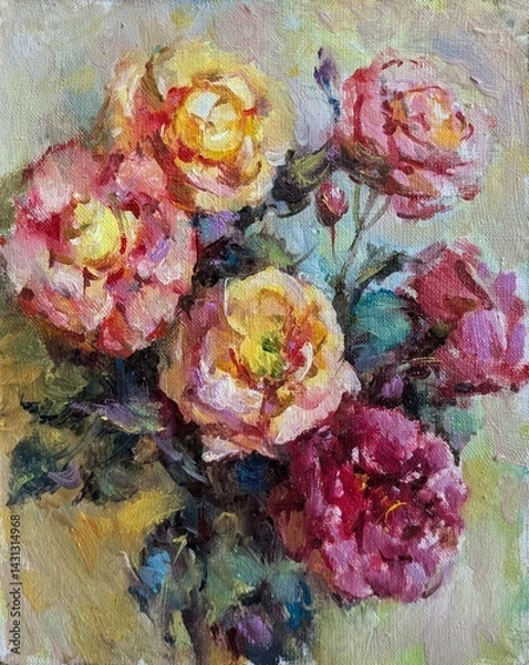 Obraz Abstract bright colored decorative background . Floral pattern handmade . Beautiful tender romantic bouquet of rose flowers , made in oil painting technique   from nature.