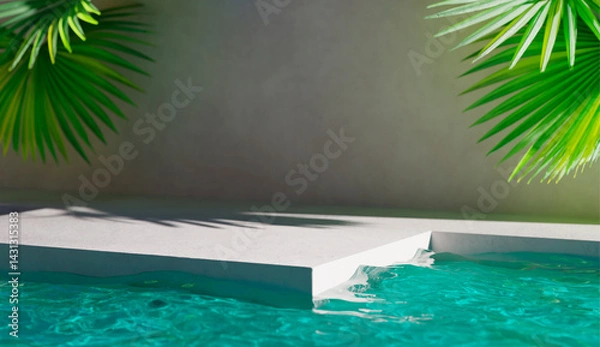 Fototapeta .Summer tropical background with swimming pool water and plaster podium stage with palm leaf shadow. Luxury hotel poolside showcase table for beauty, cosmetic, spa, body and skincare product placement