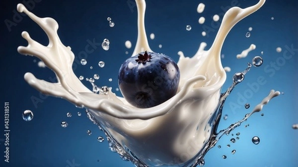 Fototapeta A vibrant blueberry resting atop creamy milk, creating a soft and elegant contrast
