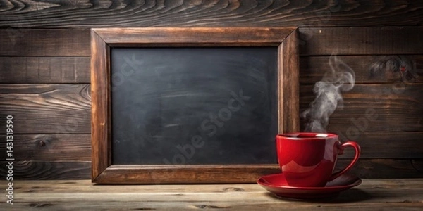 Fototapeta A Rustic Wooden Background Featuring a Steaming Cup of Coffee and an Empty Chalkboard Sign Ready for Your Message