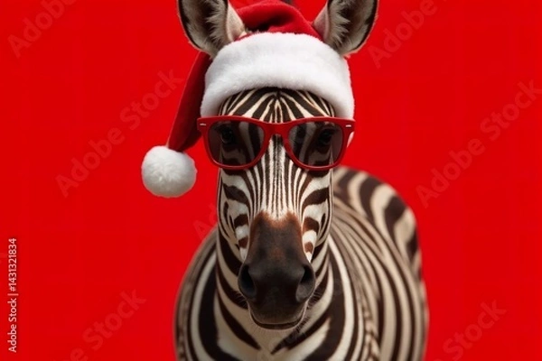 Obraz Cool Santa Claus funny zebra with sunglasses and Santa hat on a red background