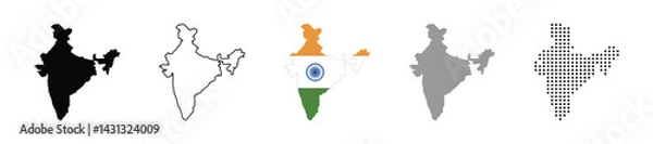 Obraz India map vector icon set. Silhouette, states, regions, outline, flag, flat, dotted styles. Vector illustration