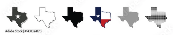 Fototapeta Texas map vector icon set. Silhouette, states, regions, outline, flag, flat, dotted styles. Vector illustration