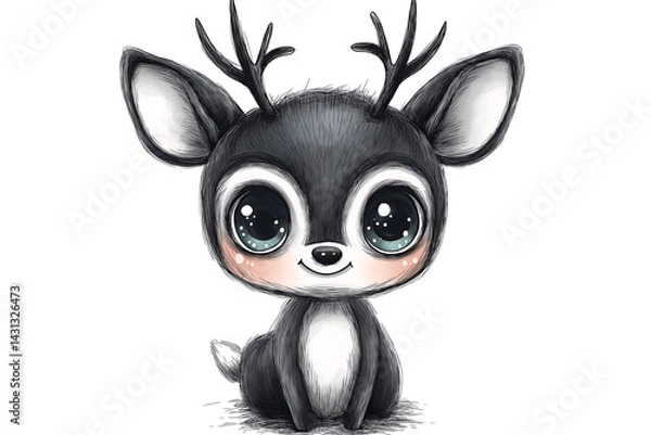 Fototapeta A baby deer with big sparkling eyes and tiny antlers, children cartoon draw style, black sharp outline, separate each elements and full frame isolated on a white backgroun