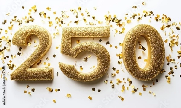 Fototapeta Golden Glittery Number 250 with Festive Confetti for Celebrations