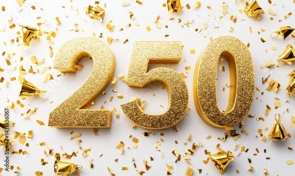 Fototapeta Golden Glittery Number 250 Surrounded by Confetti and Party Hats
