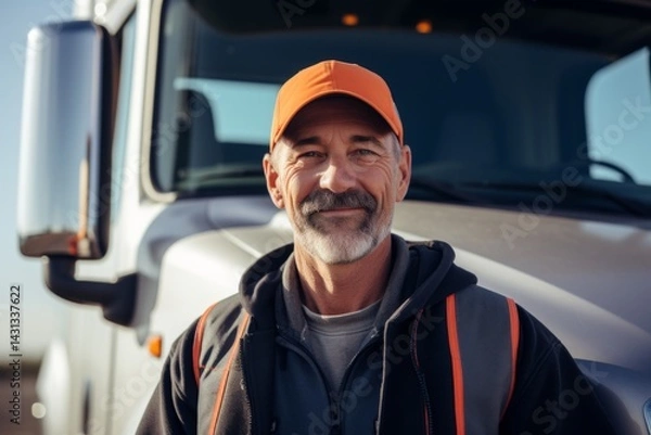 Fototapeta Smiling portrait of a middle aged caucasian male trucker in the USA