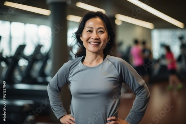 Fototapeta Smiling portrait of a middle aged slightly overweight woman in a gym in sports clothes