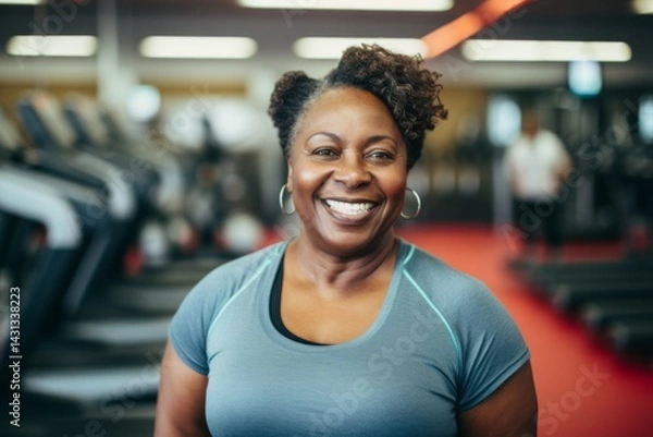 Fototapeta Smiling portrait of a middle aged slightly overweight woman in a gym in sports clothes