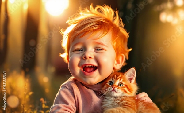 Obraz Laughing baby hugs kitten in golden sunlight. 
AI image