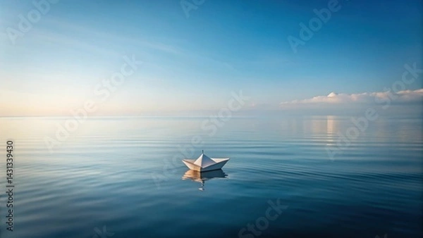 Obraz A solitary paper boat floats serenely on the tranquil ocean's surface under a vast, clear sky at dawn, reflecting the peaceful beauty of nature's untouched expanse.
