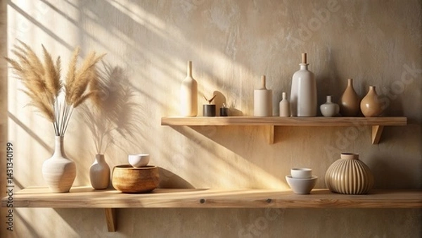 Fototapeta Sunlit Wooden Shelves Displaying Earthenware and Dried Flowers in a Minimalist Setting