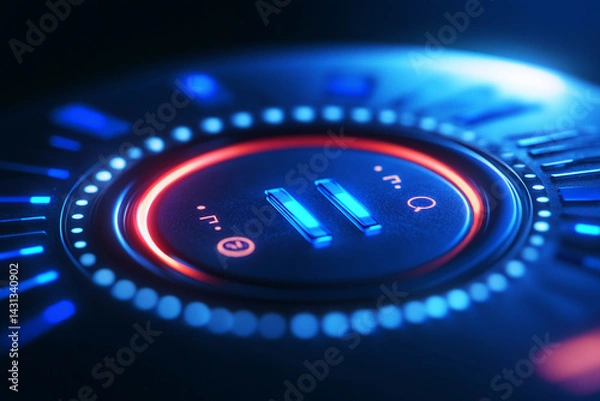 Fototapeta Futuristic illuminated control panel interface glowing blue and red lights