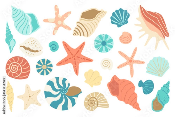Obraz Sea shells set in flat style. Ocean underwater seashell conch aquatic mollusk, sea spiral snail, starfish, scallop. Vector illustration on white background.