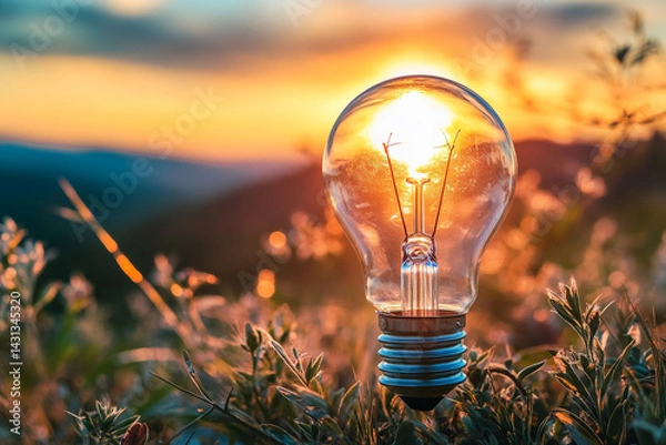 Fototapeta Sunset glow illuminating a lightbulb in a field of grass