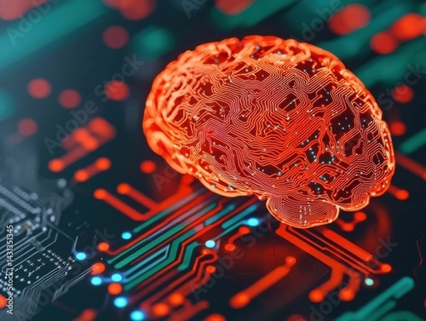 Fototapeta A digital brain surrounded by circuit patterns, symbolizing the fusion of technology and neuroscience in a vibrant, futuristic style.