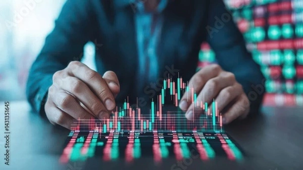 Fototapeta A businessman analyzes financial data on a digital tablet, showcasing collection market trends with colorful graphs and indicators.