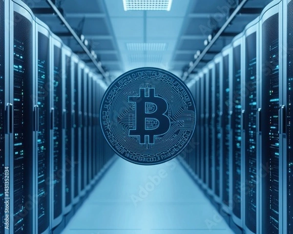 Fototapeta A futuristic data center filled with servers, featuring a prominent Bitcoin symbol, representing cryptocurrency technology and mining.